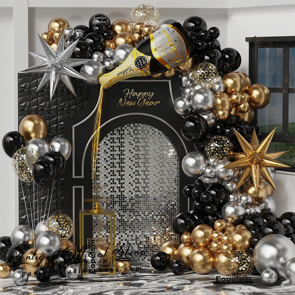 

113Pcs Black Gold Wine Bottle Balloon Garland Arch Kit Explosion Star Foil Balloon New Year Christmas Family Party Decor 2025