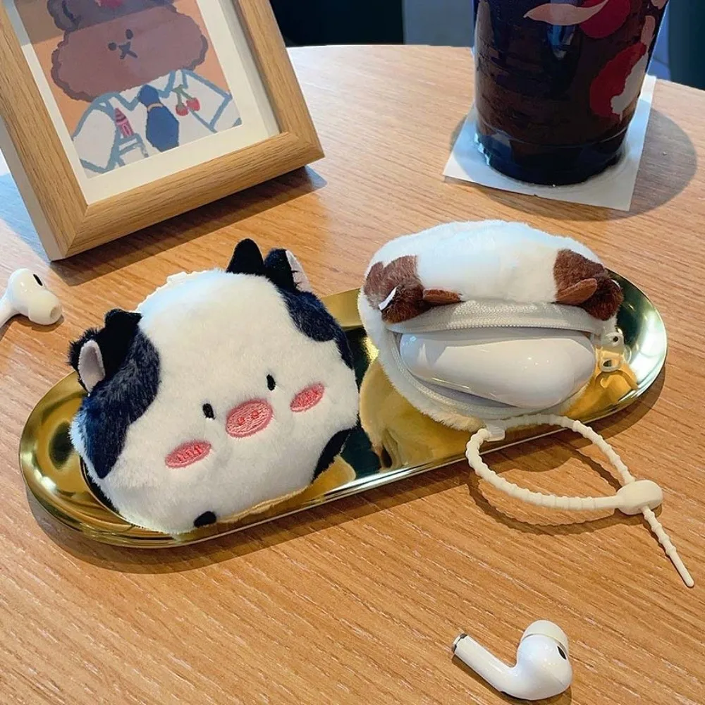 Headphone Bag Cow Plush Earphone Bag Raccoon Bag Pendant Plush Coin Purse Cute Cartoon Plush Wallet Pendant Women Girls