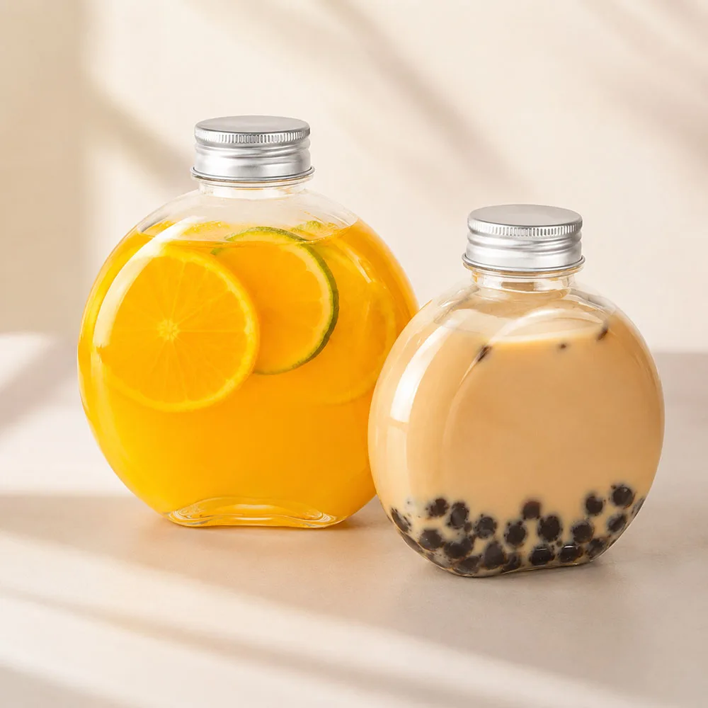1Pc 300/500ML Cute Flat Round Plastic Bottle Clear Milk Tea Bottle Water Bottle Portable Coffee Drinking Cup Drink Bottlev