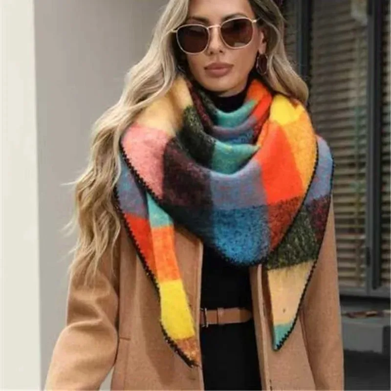 

Ins Stylish Plaid Colored Triangle Scarf Ladies Nordic Style Chic Women Warm Tassel Muffler Neck Triangle Winter Female
