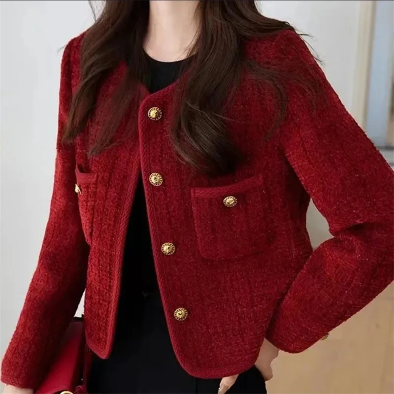 Outerwears Women\'s Jacket  Women\'s Jackets New Burgundy Coat Women\'s Spring and Autumn Temperament Joker Socialite Tweed Coat