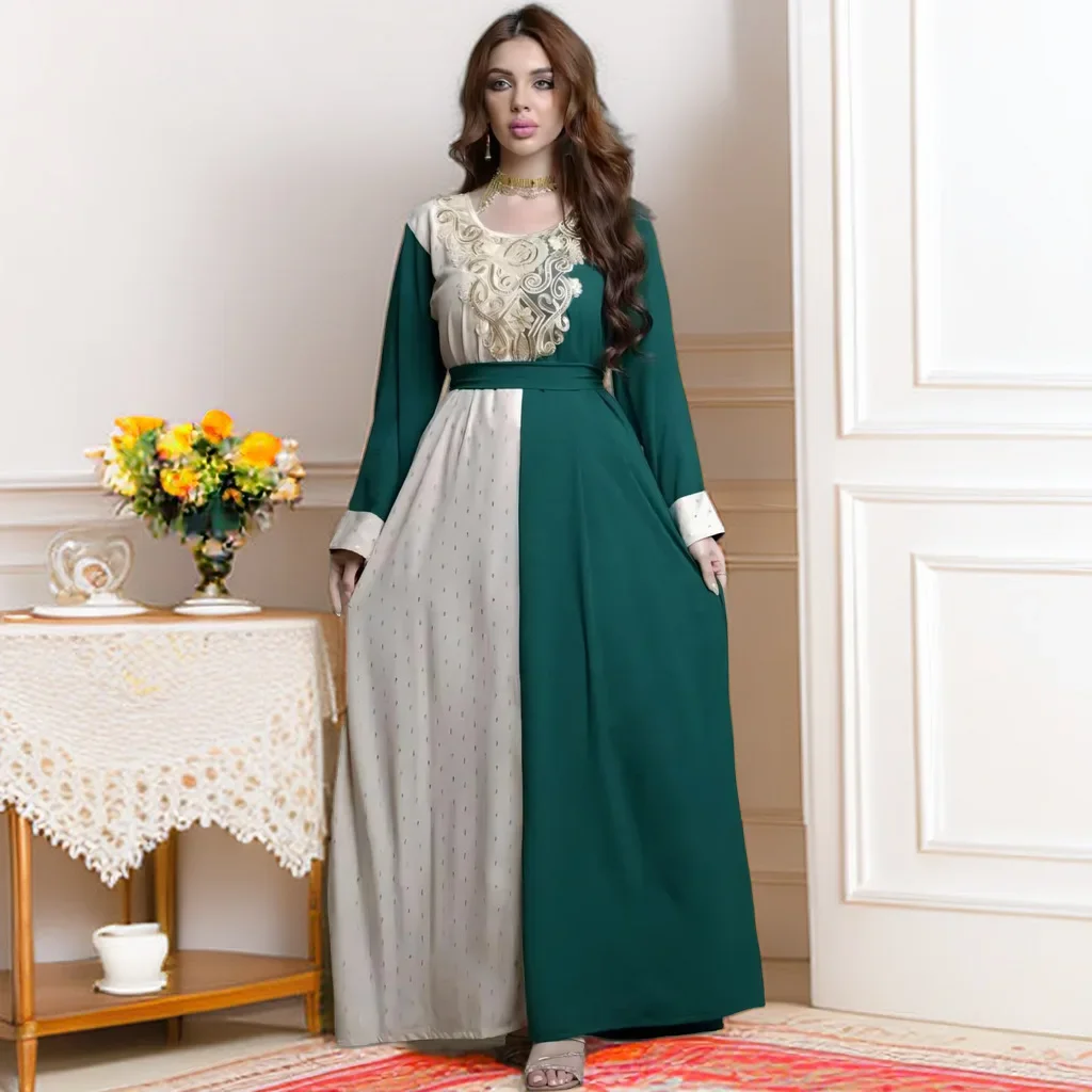 2024 Dubai Abaya Summer Elegant Muslim Long Sleeve Patchwork Green Blue Polyester Long Maxi Dress Gowns Muslim Fashion Abaya