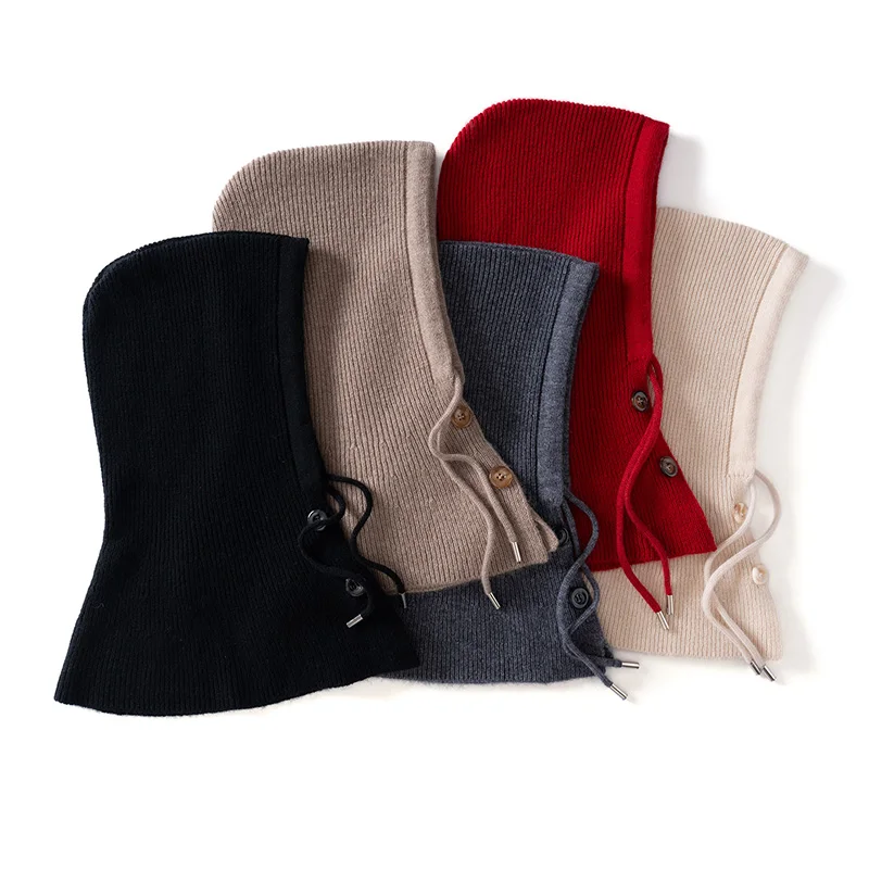 100% Pure Cashmere Balaclava, Women'S Autumn And Winter Warm Ear-Covering Drawstring Neck Warmer, All-In-One Knitted Hat