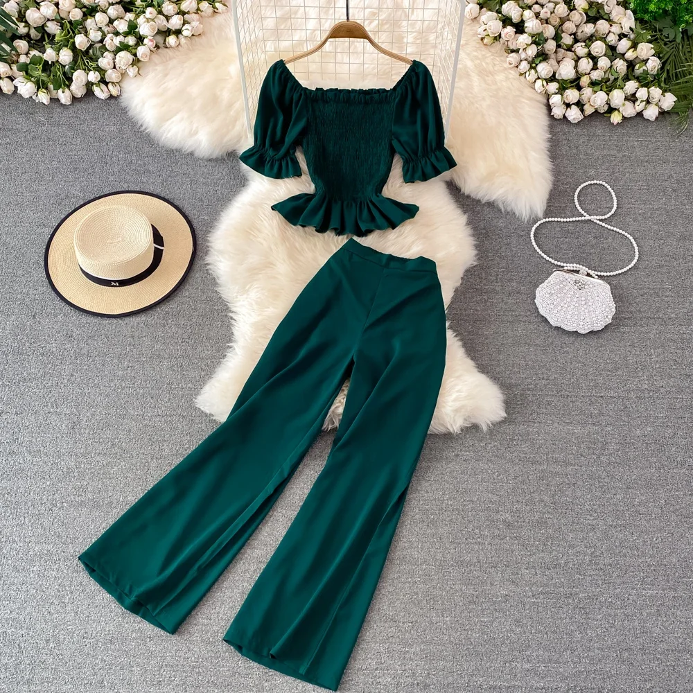 2024 Women Summer Fashion Casual Pants High Waist Drape Wide Leg Pants Square Collar Pleated Short Blouse Two-piece Suit Female