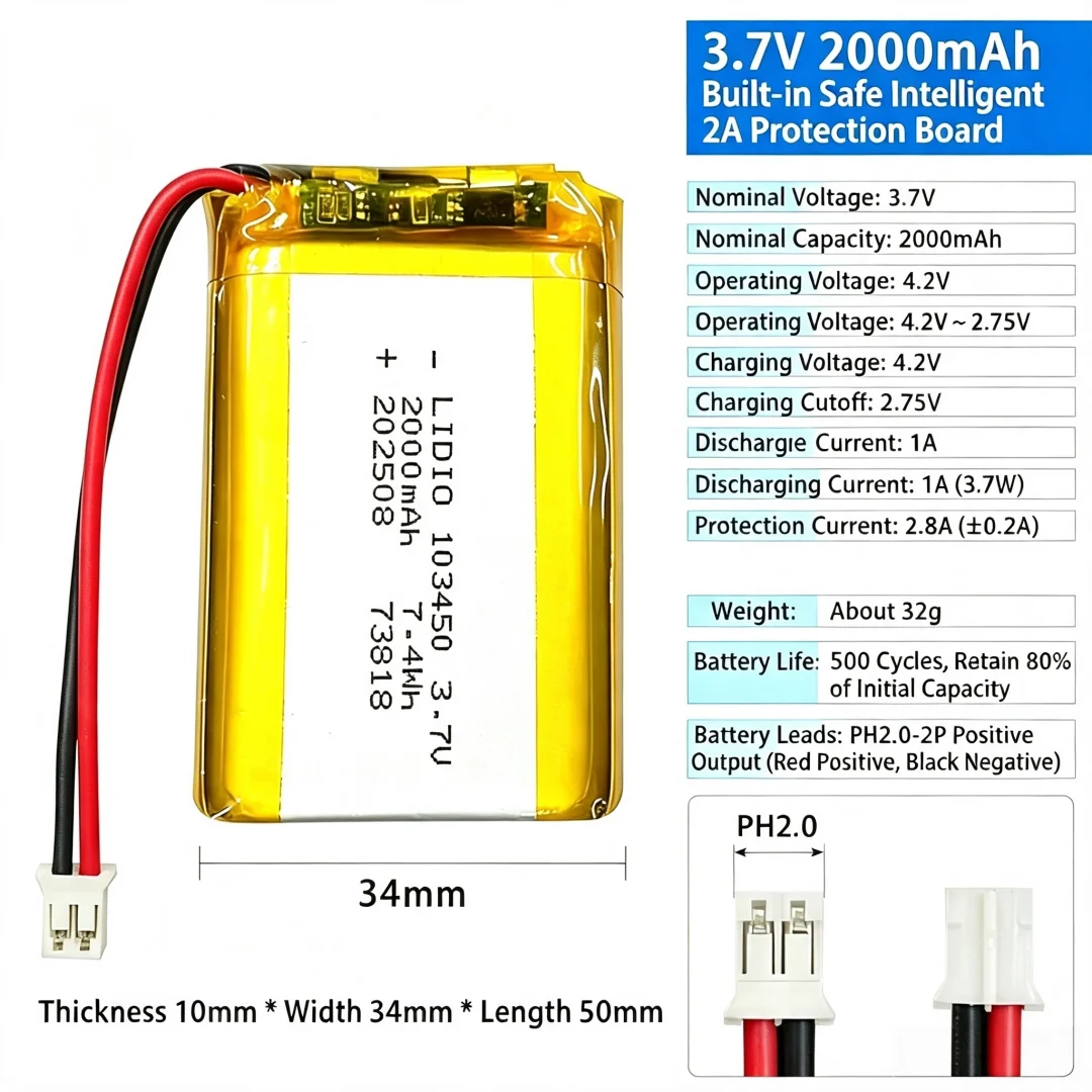 103450 3.7V 2000mAh Akumulator litowo-polimerowy z wtyczką JST PH2.0, o dużej pojemności, do kamery, nawigacji GPS, MP5, zestawu słuchawkowego — zdjęcie produktu 3