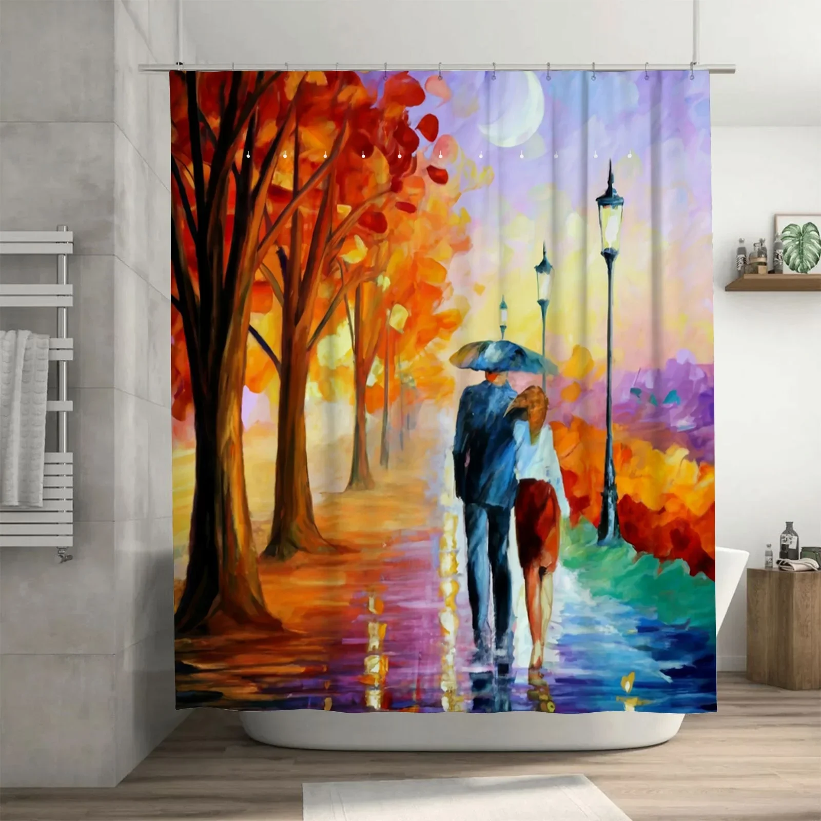

~O~Romantic Couple Under Umbrella Waterproof Shower Curtain, Artistic Design for Bathroom Decor, Adds Warmth and Elegant Touch