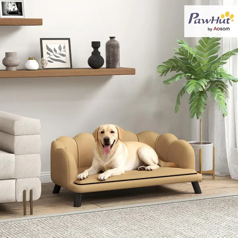 Velvet Large Dog Couch with Foam Cushion Soft and Cute Dog Bed with Pearl Design Pet Sofa for Big and Medium Breeds Coffee