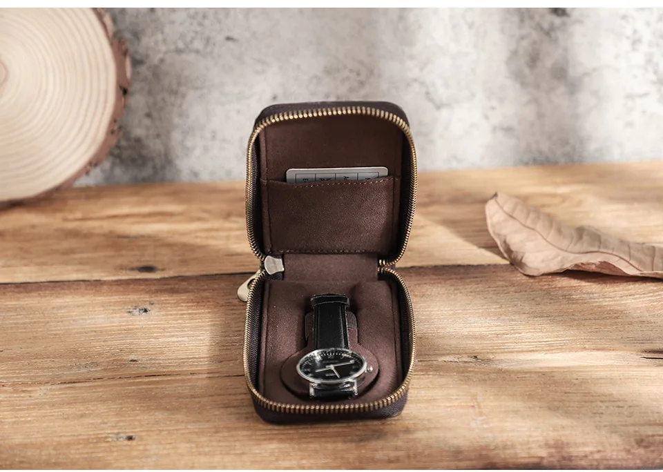 CONTACT'S FAMILY Vintage-Uhrentasche aus echtem Leder, handgefertigt, tragbarer Reise-Organizer aus Leder mit Kartensteckplatz und Reißverschluss – Detail 6