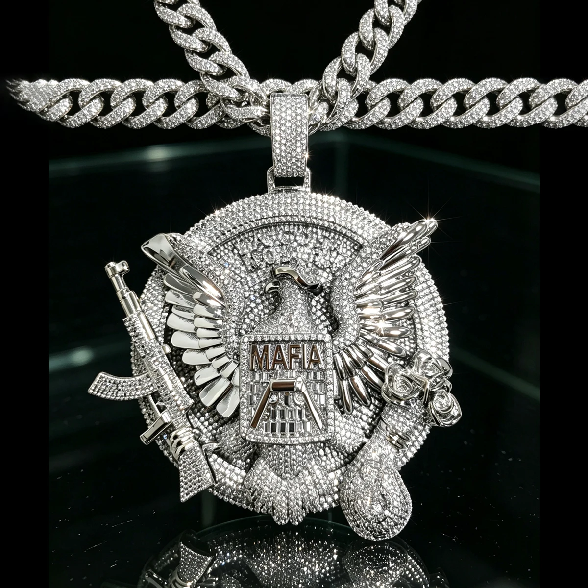 18K Gold Plated Hip Hop Necklace Charm Unique 3D Design With Eagle Gun Rose And Money Bag Symbol Statement Fully Micro Paved Shiny CZ Bling Fine Jewelry Gift For Rapper Street Style Party Daily Performance Club Wear Iced Out Mafia Eagle Pendant