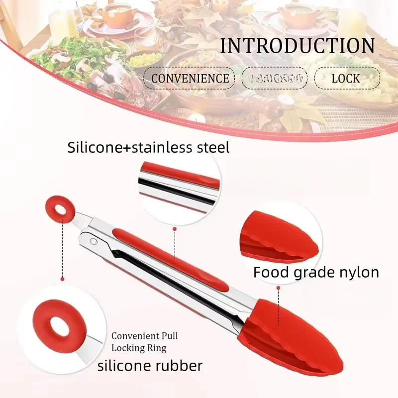 1Pc Silikonowe szczypce do żywności Szczypce kuchenne ze stali nierdzewnej Silikonowy antypoślizgowy klips do gotowania Zacisk BBQ Narzędzia do sałatek Grill Narzędzia kuchenne — zdjęcie 6