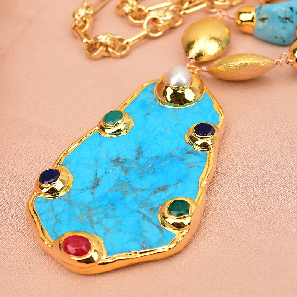 G-G 20'' Blue Stone White Pearl Oval Brushed Beads Big Blue Turquoise Slice Pendant Chain Necklace