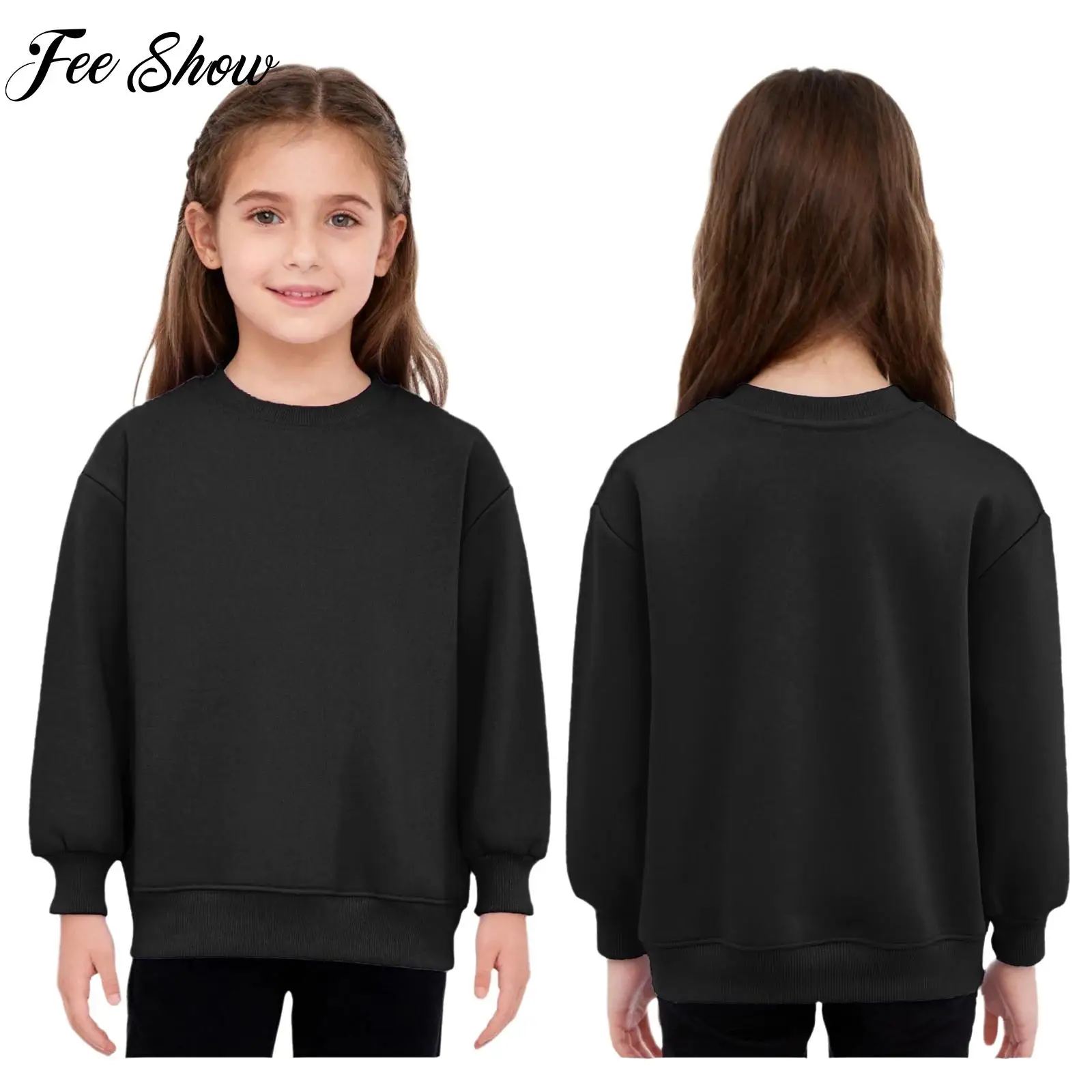 

Unisex Children Solid Color Fleece-lined Sweatshirt Kids Boys Girls Long Sleeve Pullover Top for Sports Exercise Running Jogging