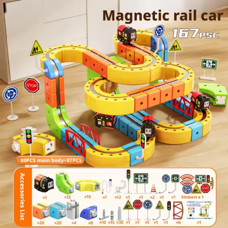 62/105/167PCS Magic Cube Magnetic Versatile Building Blocks Train Track Car Electric Anti-Gravity Children's Magnetic Track Car