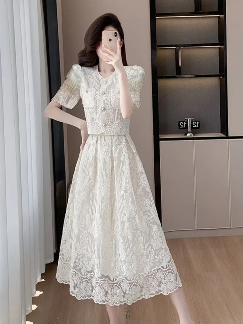 2026 Summer Women New He Xiaoben Fragrant French Fashion Temperament Young Dress Bead Embroidered Lace Dress Women Two-piece Set