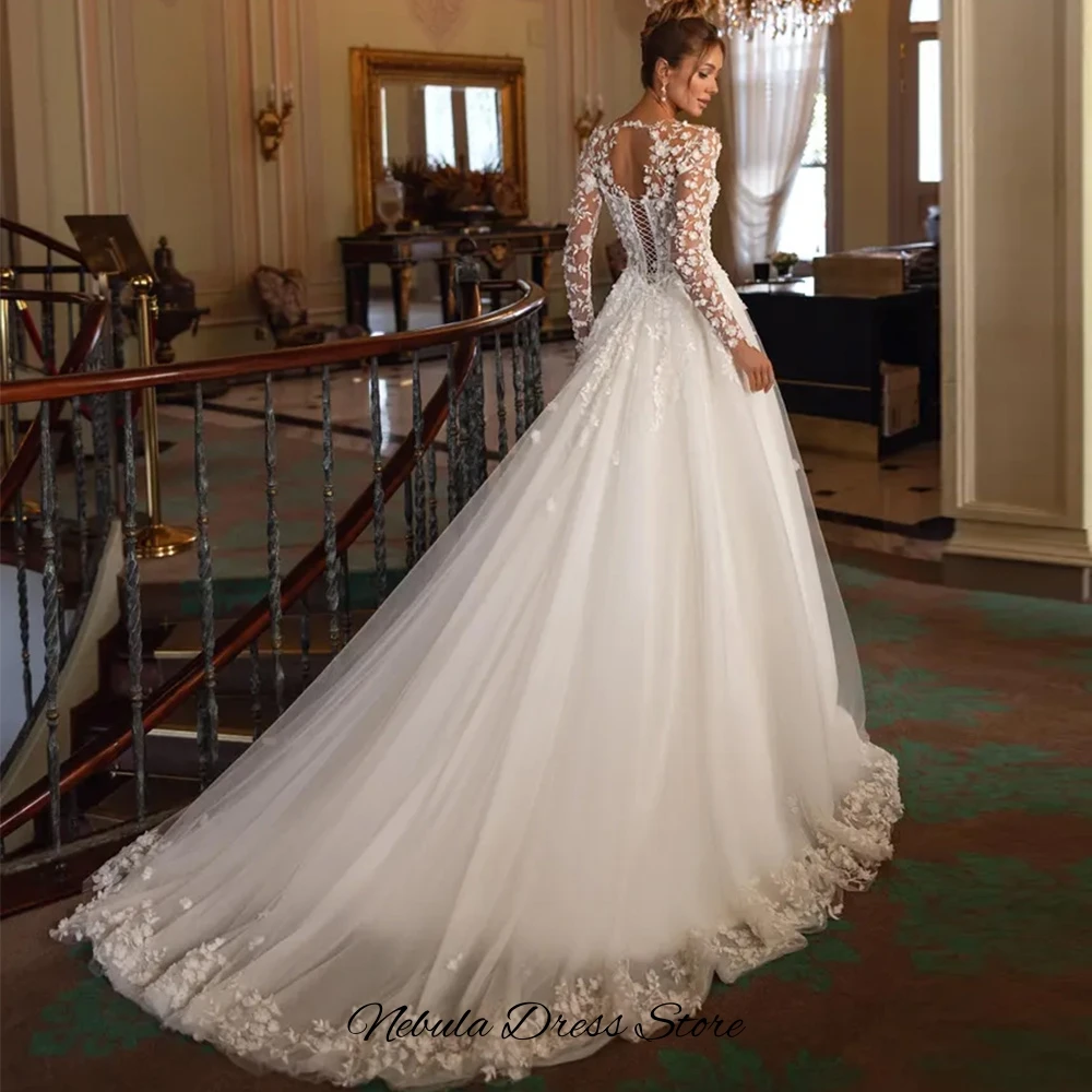 Elegant Scoop Long Sleeves Bridal Gowns High Quality Tulle Robe de mariée Dreamy Customized Handmade Flowers Wedding Dress