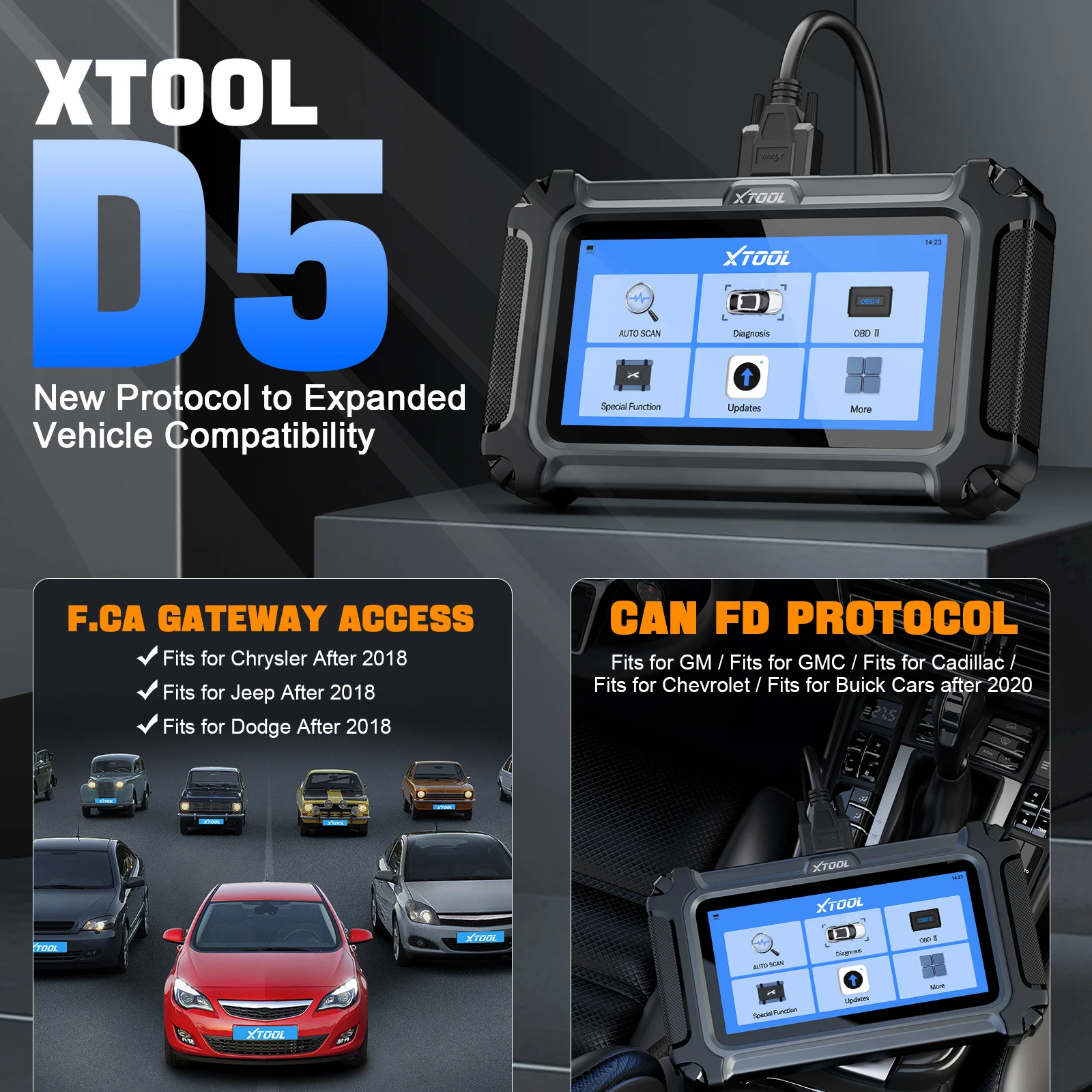 XTOOL D5 OBD2 Scanner ECM/TCM/ABS/SRS/EPB 5 Systems Auto Vin Diagnostic Tool with 9 Reset CAN FD FCA OBD2 Code Reader