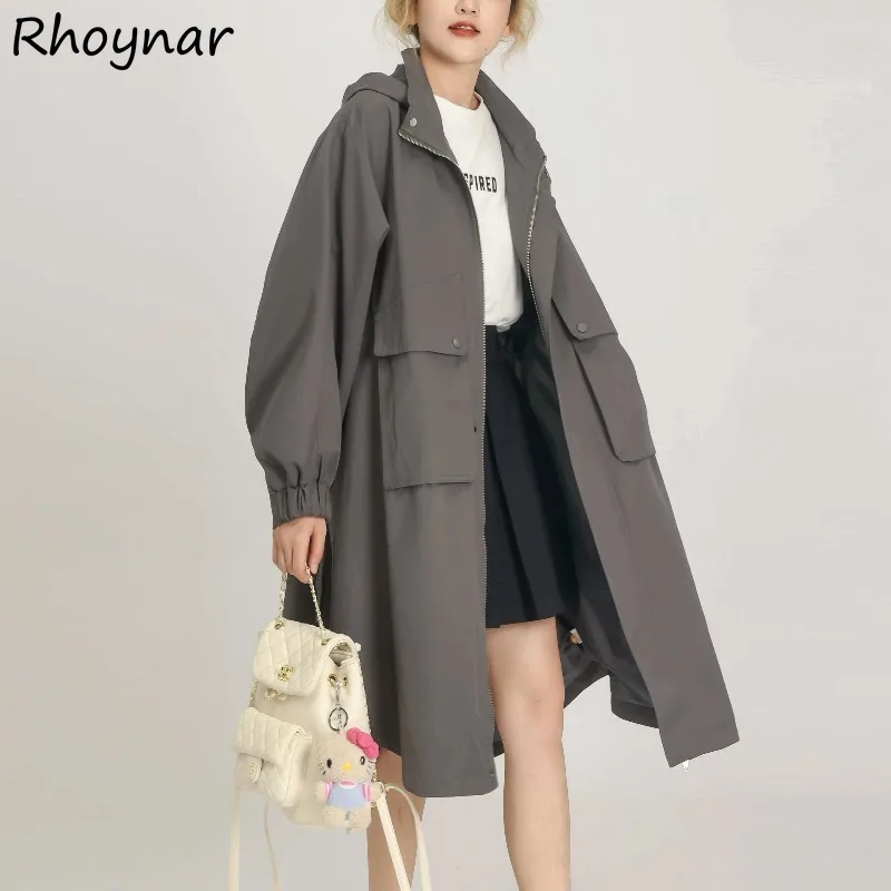 

Hooded Trench Women Ulzzang Zipper Loose Solid Simple Leisure All-match Stylish Fashion High Street Temperament Office Ladies