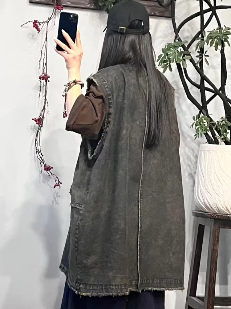 AmaxluluE Zomer Vintage Mouwloze Jassen Damesmode Lange Denim Vest Vrouwtjes Losse Patchwork Vesten Vrije tijd Streetwear