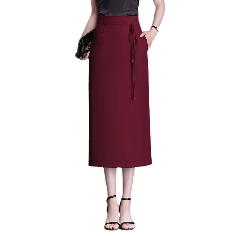 ZXRYXGS 2023 New Solid Color Mid Length Simple Commuter Fashion Skirts Elastic Waist Side Fork Temperament Elegant Women Skirt