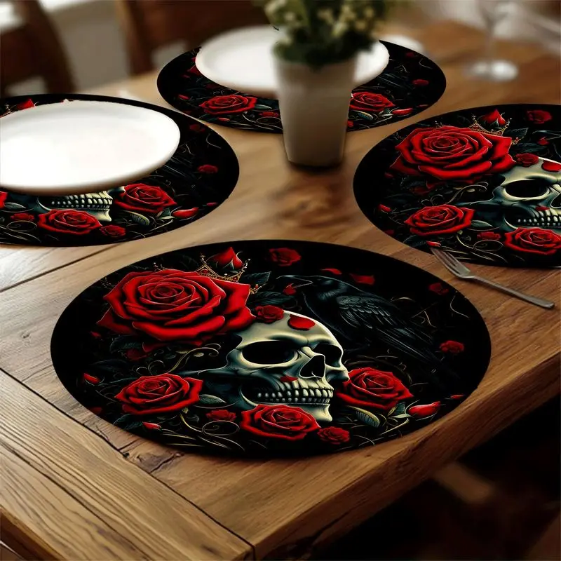 VIKAMA Dark Gothic Skull Placemat - Red Rose & Crow Heat Resistant Fabric Table Mat, Halloween Table Decoration