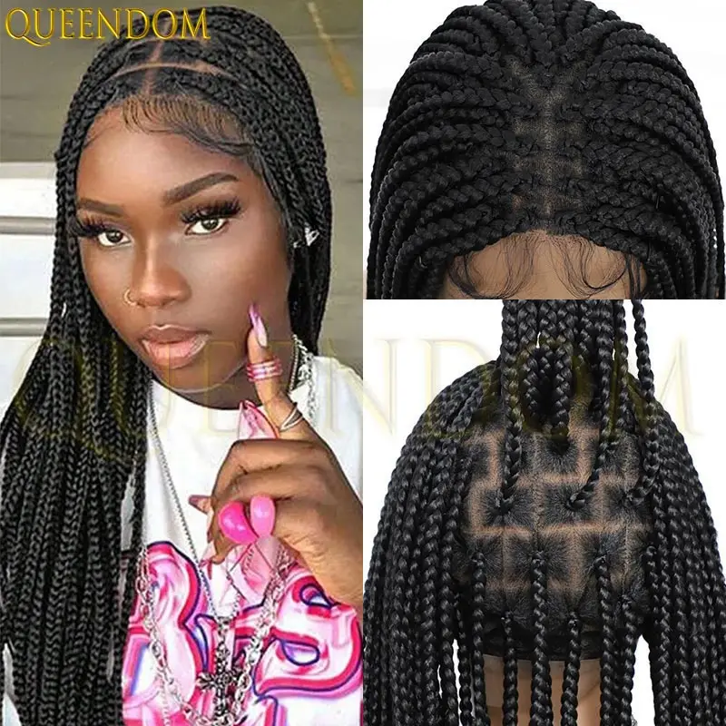 

36'' Synthetic Hair Wig Long Cornrows Box Braided Burgundy Full Lace Front for Black Women Straight Lace Front Braiding Hair