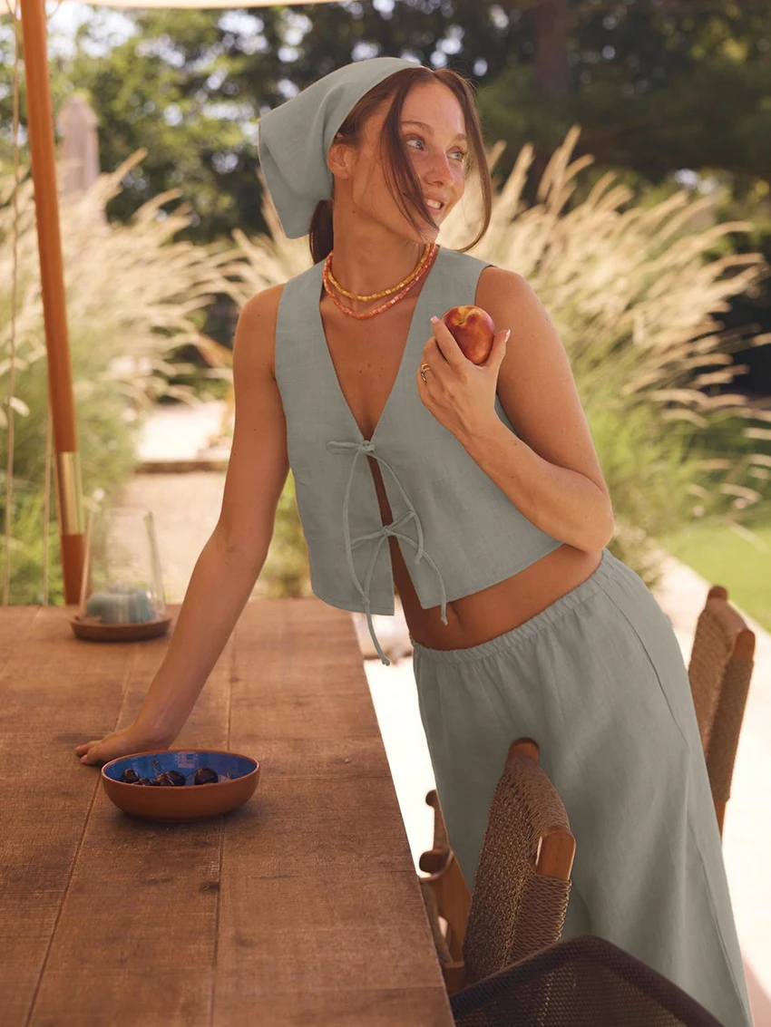 Marthaqiqi Casual Female Nightgowns Set Tank Tops Sleepwear V-Neck Pajamas Sleeveless Nightwear Pants Cotton Women Nightie Suits