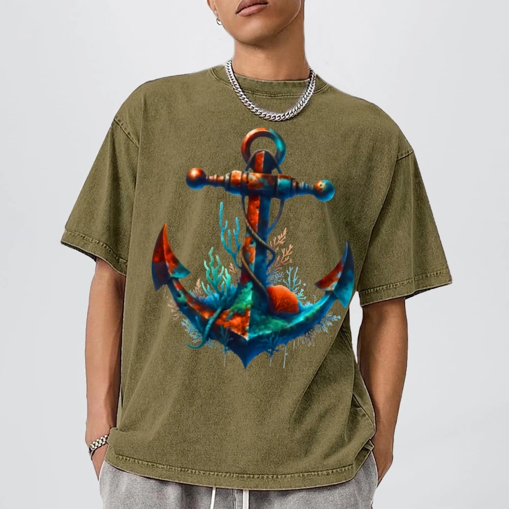 Unisex Vintage Washed Tee Gothic Rudder Graphic T-Shirt y2k Women Clothing Retro Men's Clothing Sales