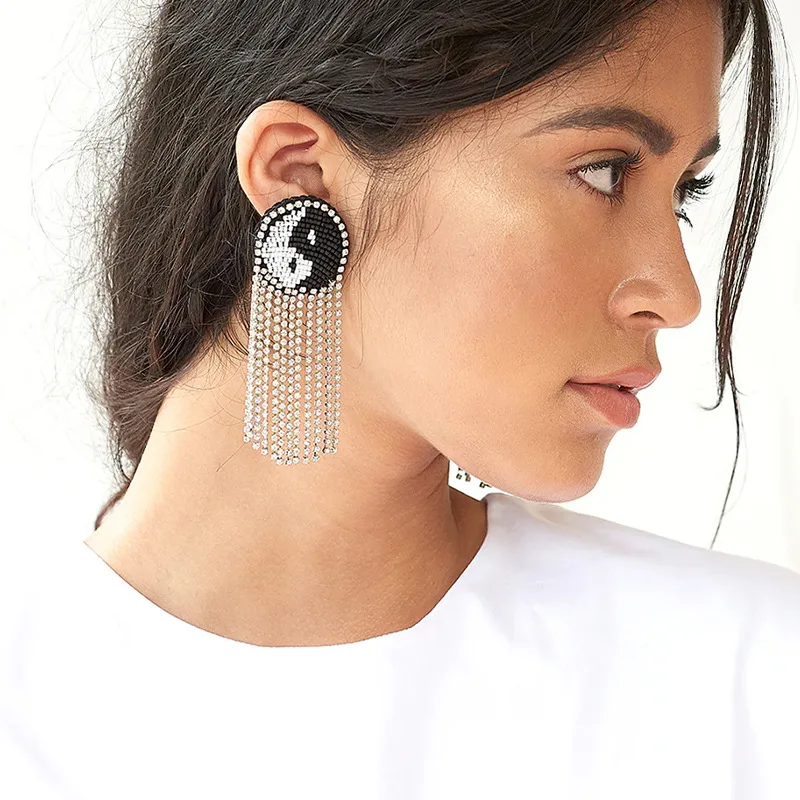 New full diamond pentagram fringed earrings personalized tai chi gossip rhinestone earrings premium jewelry earrings