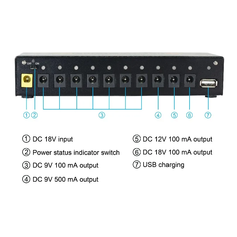 Guitar Pedal Power Supply 10 Isolated Output Multi Circuit Power Source 9V/12V/18V DC 1 Way 5V USB Port for Guitar Effect Pedal