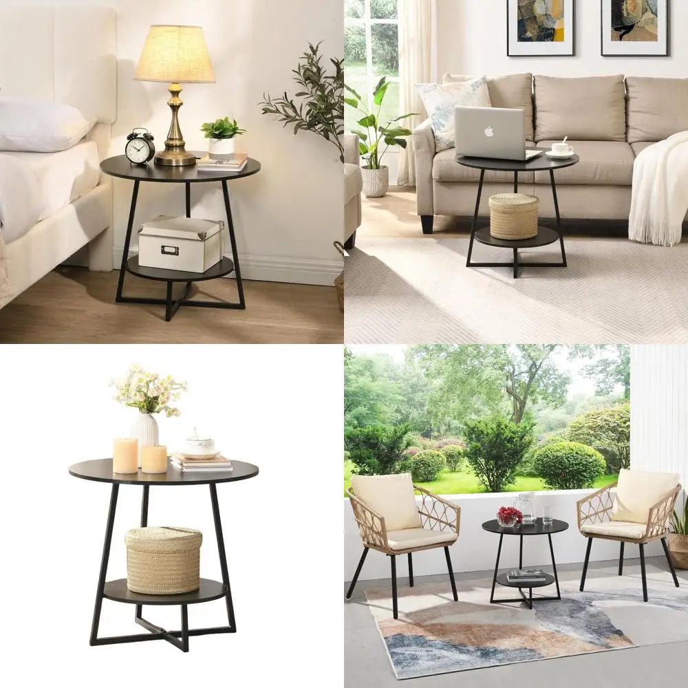 

Компактный 2-уровневый круглый деревянный приставной столик с местом для хранения для гостиных, спален и небольших помещений, черный цвет