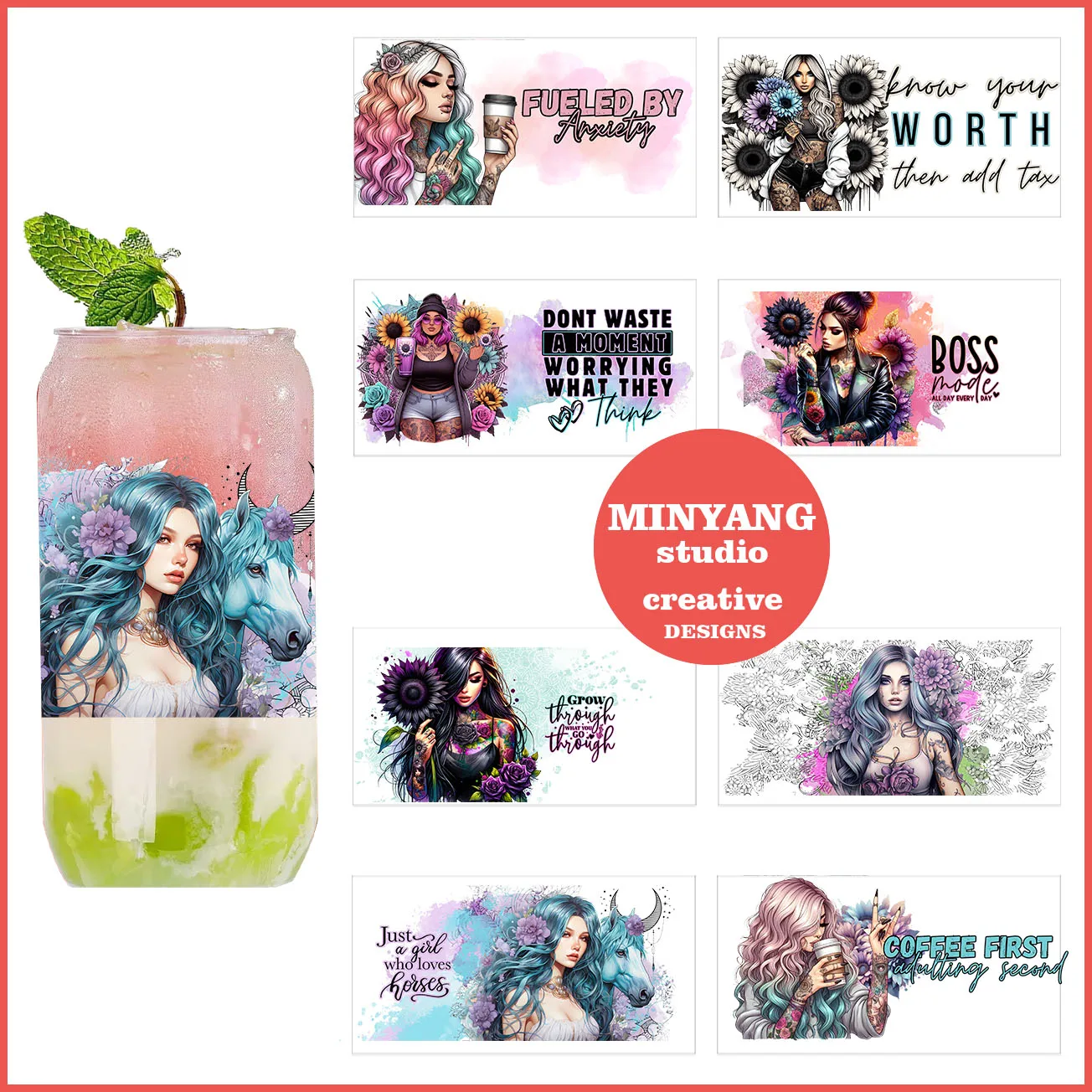 Fashion tattoo girl peel waterproof DIY Decals 3D transfers uvdtf crystal stickers 16oz uv dtf cup wraps for Libbey Glasses