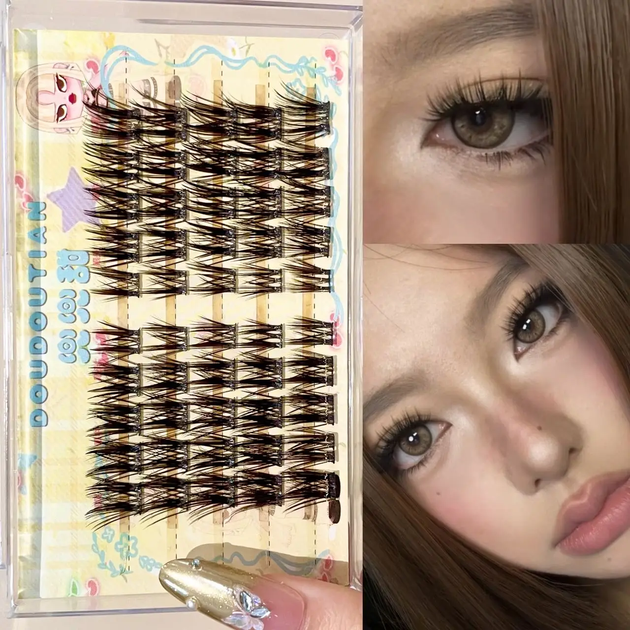 Doudoutian Black-Brown Slanted Lash Clusters Lengthen Eye Tails Ultra Thin Invisible Soft Band for Light European Cosplay Makeup