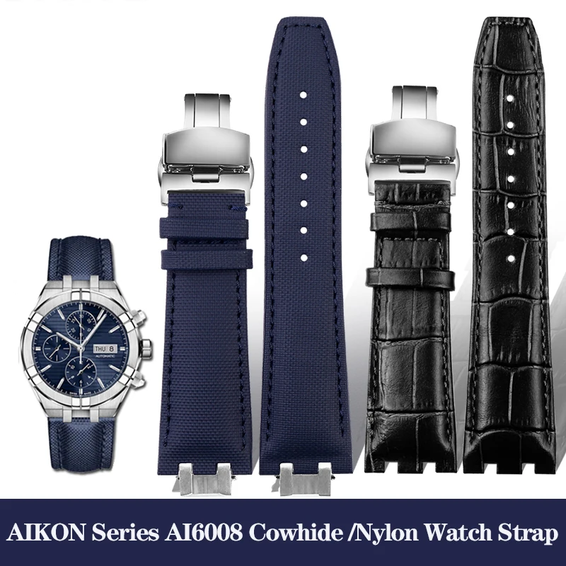 For MAURICE LACROIX AIKON Series AI6008 AI6058 AI6038 Genuine Leather Cowhide Nylon Watch Strap with Steel End Link Watchband