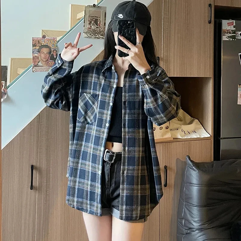 Zoki Harajuku Y2k Plaid Shirt Women Streetwear Loose Long Sleeve Vintage Blouse American Oversize Casual Bf Single Breasted Tops