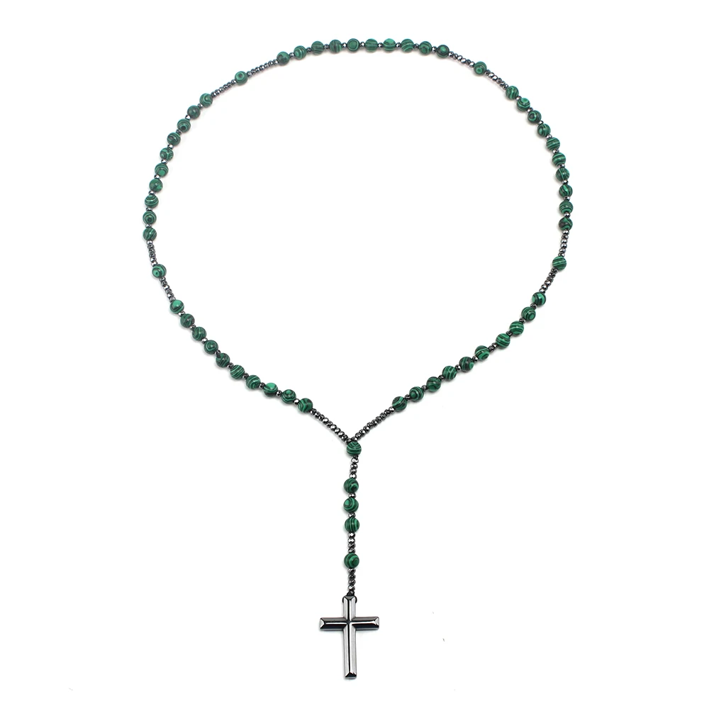 8mm Green Round Beads Cross Pendant Necklace for Men and Women N047