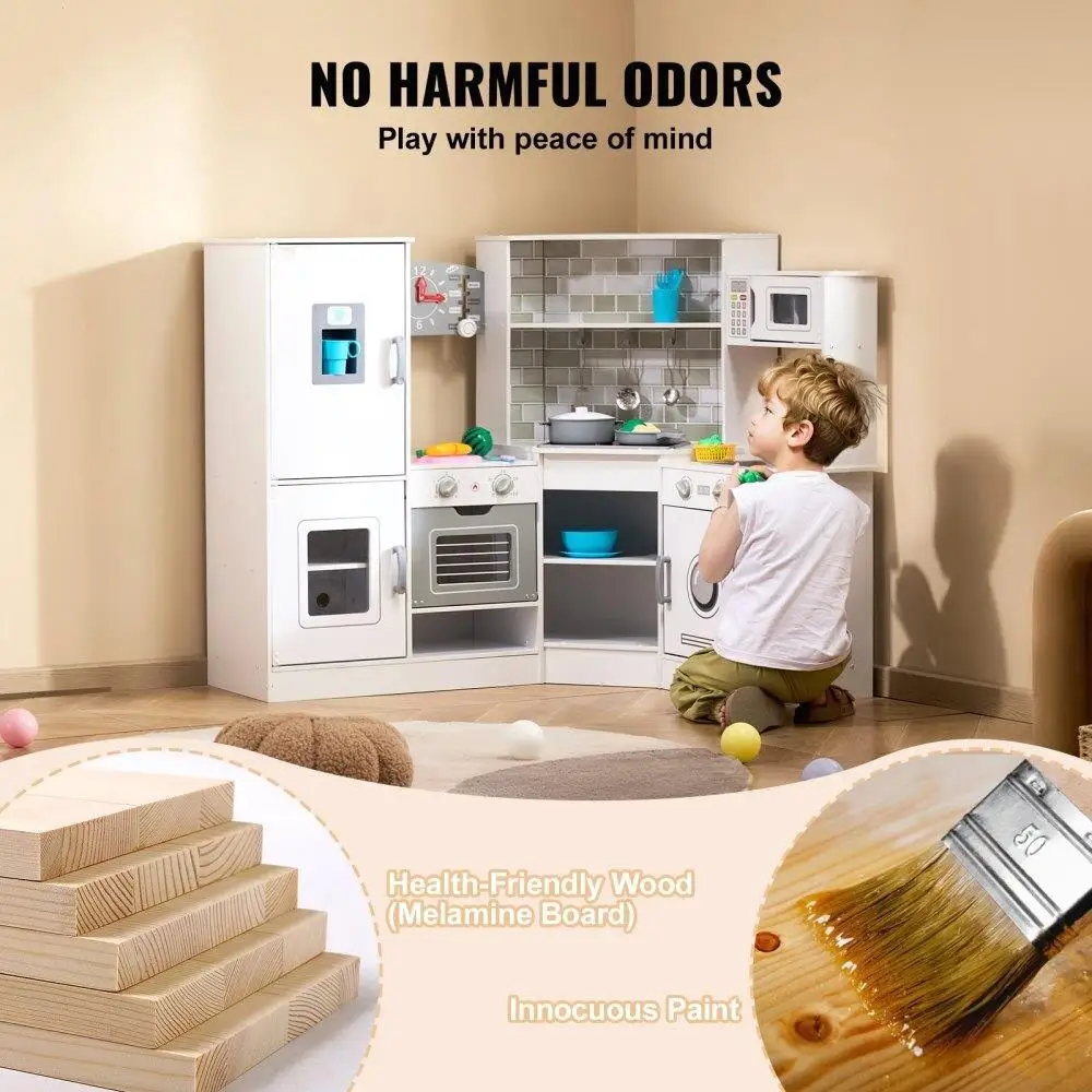 Kids Kitchen Playset Pretend Cooking Toy with 24 Accessories White Educational Fun Gift for Children