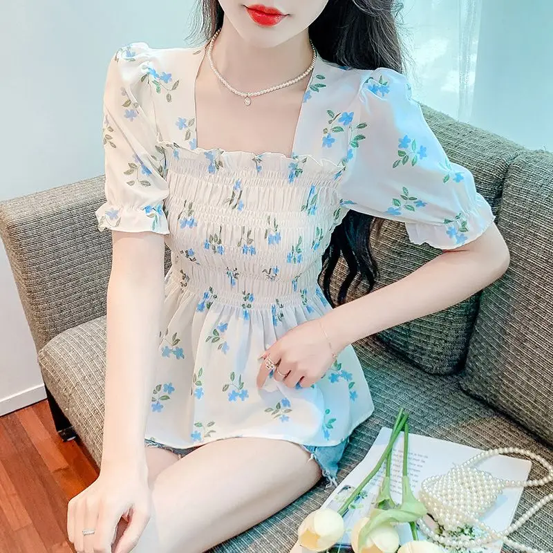 

French Style Square Neck Chiffon Top Ruffle Waist Cinching Short Sleeve Blouse For Women Summer Wear