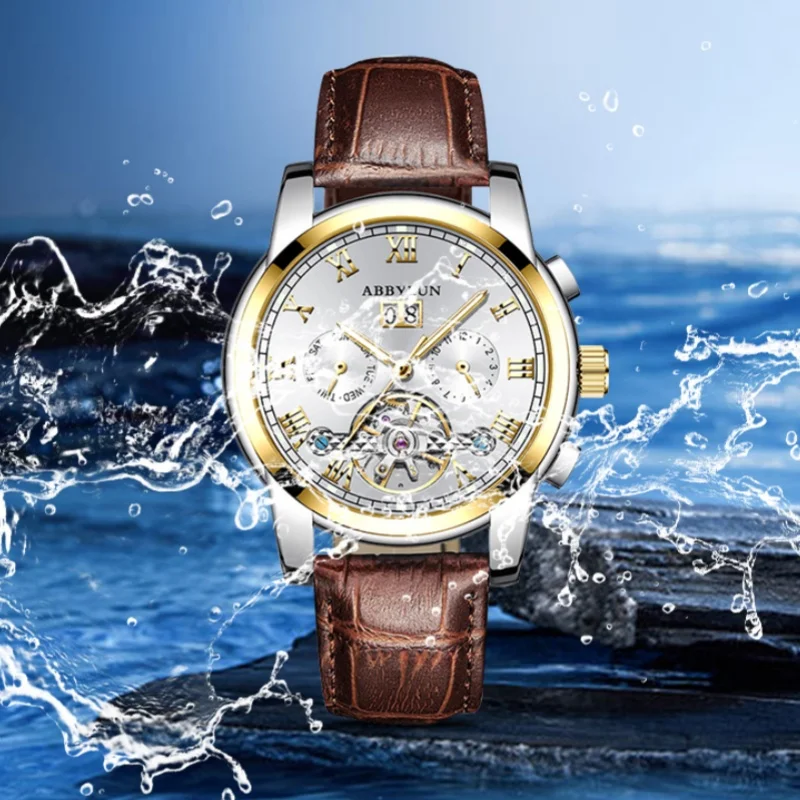 Abbylun 141 Original Men\'s Watch Business Luxury Skeleton Automatic Mechanical Watch Leather Strap Waterproof Date Wristwatch