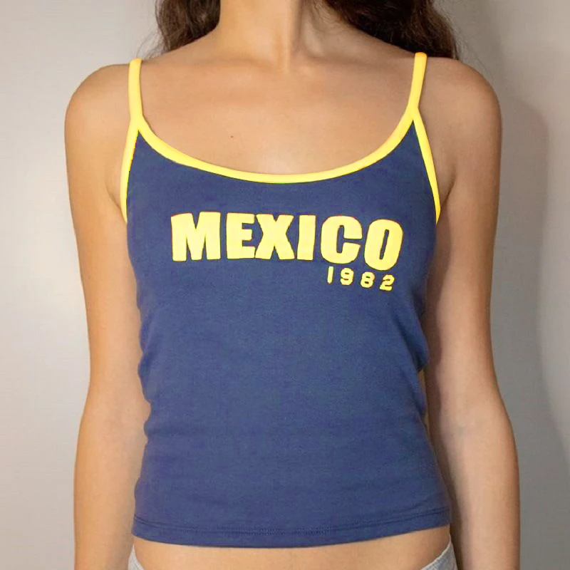 1982 MEXICO Letter Print Sexy Y2k Harajuku Sleeveless Crop Top Blue Camis Tank Tops Streetwear