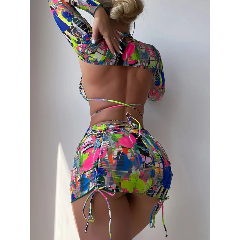 Three-Piece Suit with Drawstring for Women, Printed Swimsuit, Long Sleeve, Internet Celebrity Outfit