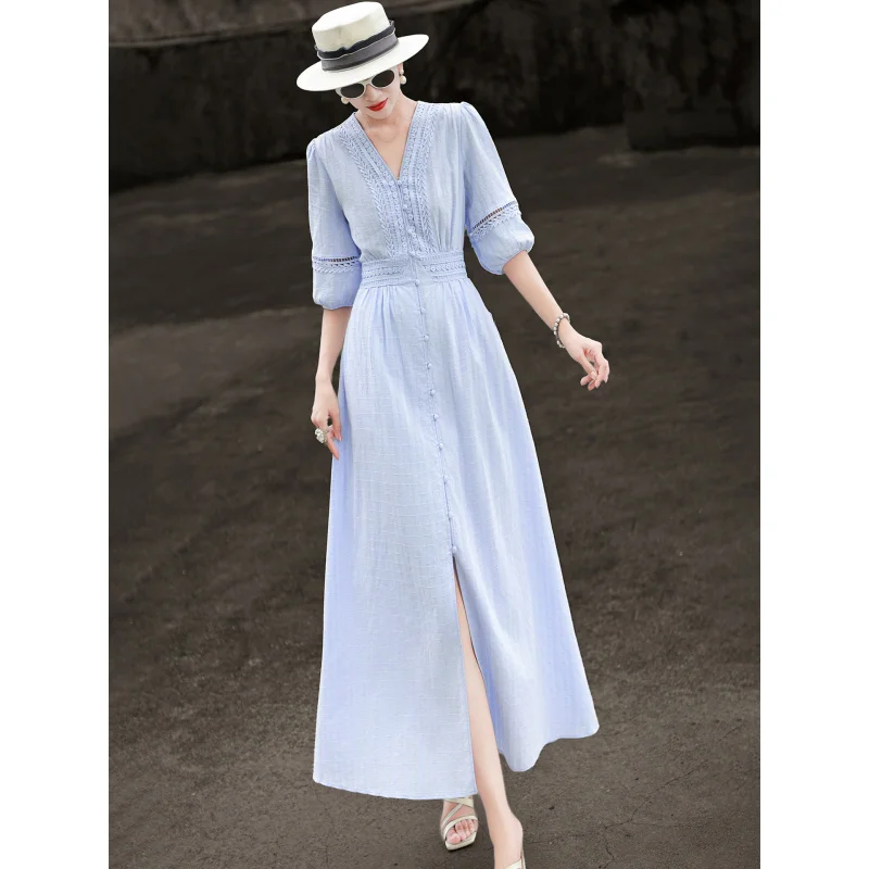 

MEXCOCO 2026 New Summer French Elegant V Neck Lace Hollow Puff Three Quarter Sleeve Button Split Cotton Maxi Dress