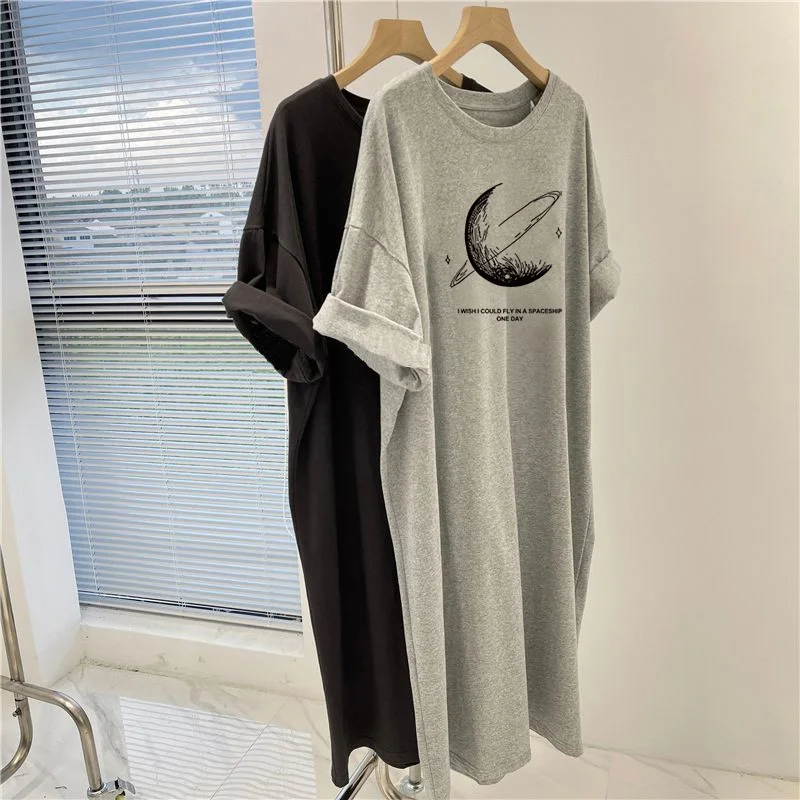 Summer Cartoon Printed Tunic, Women Clothing Casual Loose Basic Pullovers Dress, Vintage Short Sleeve Straight Dresses