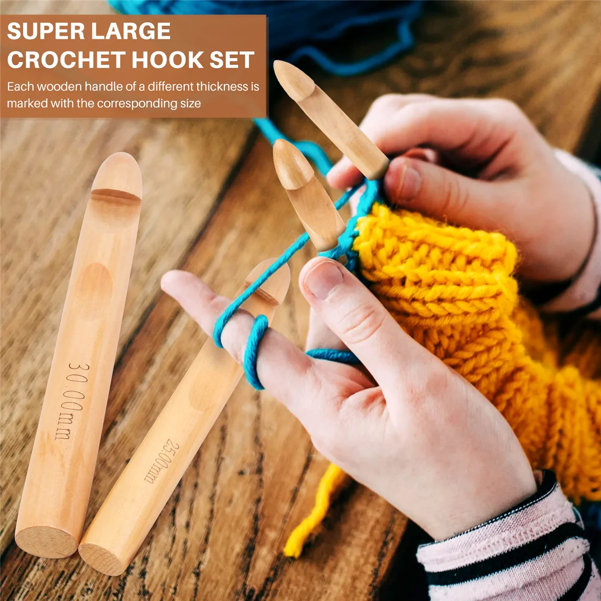 L74A Large Crochet Hooks 15mm 20mm 25mm 30mm Wooden Crochet Hook Set for Chunky Yarn, Crocheting Huge Crochet Hooks