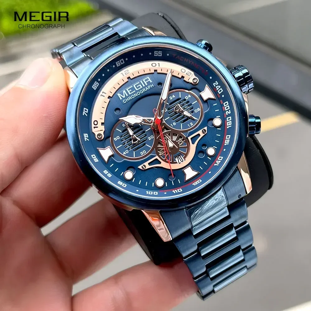 MEGIR Blue Dress Quartz Watch for Men Military Sport Chronograph Waterproof Wristwatch with Stainless Steel Strap Auto Date