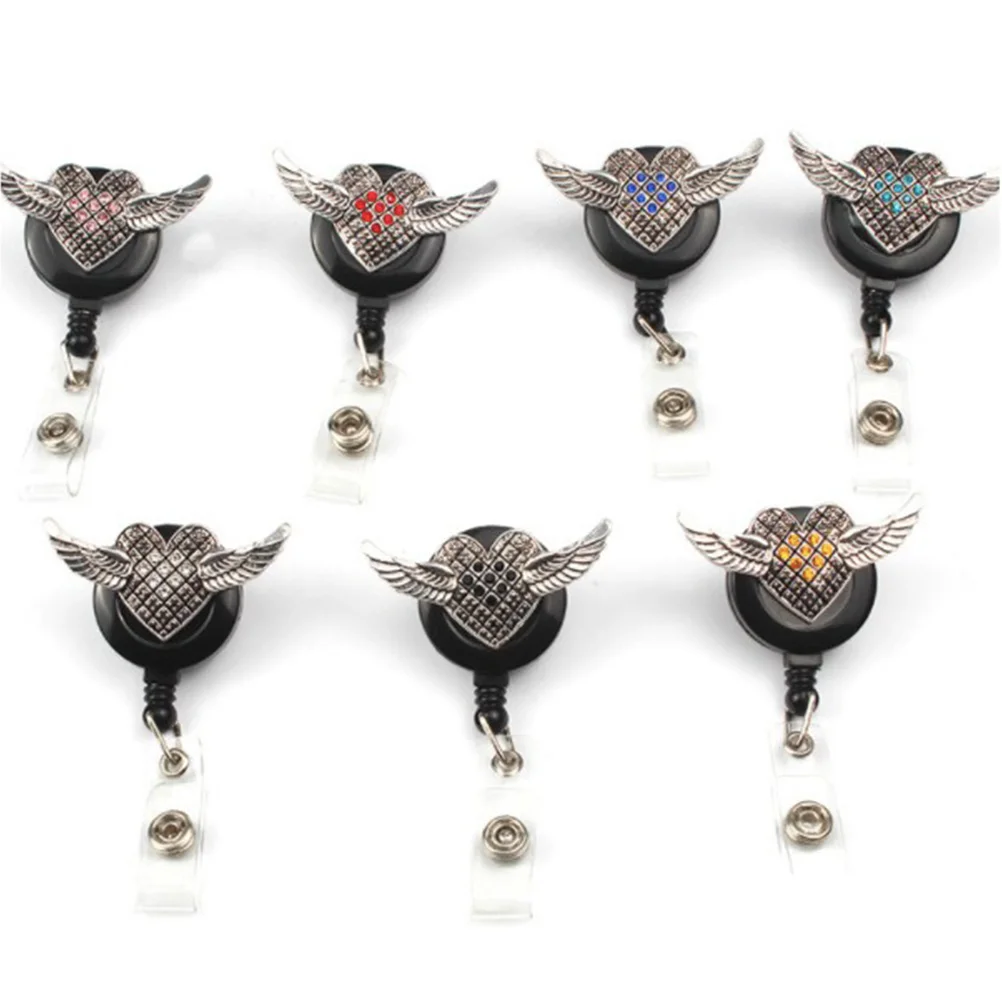 

White Wing Shaped Id Badge Reel Retractable Clip Easy Pull Buckle Rhinestone Clip for Id Card Name Tag Office Meetings