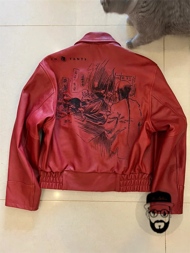 New black and red ERD leather jacket with embroidered enfants riches d é prim é s motorcycle leather jacket on the back