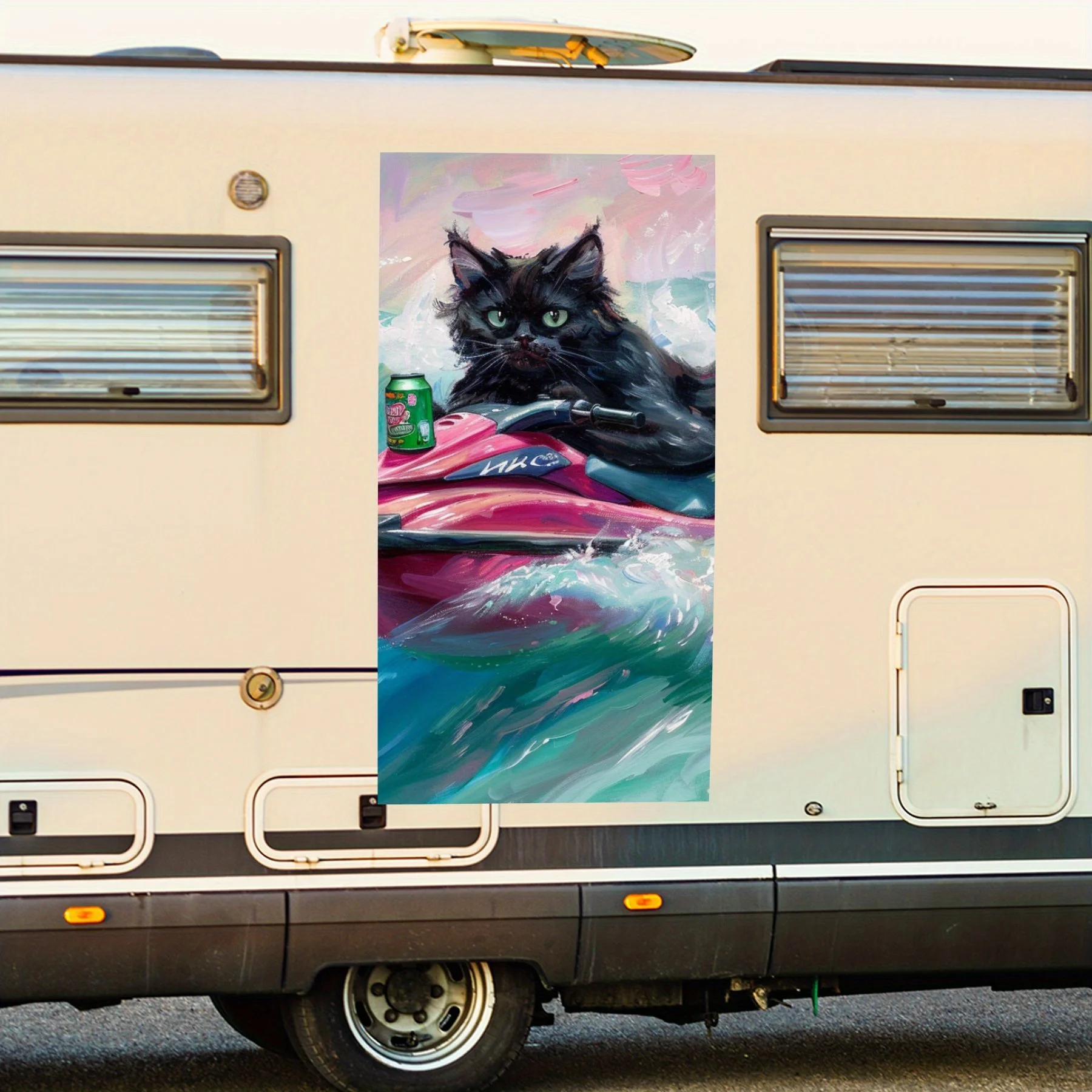 

Black Cat On Pink Jet Ski Fun Art Car Sticker,Vinyl decal on the side of the motor home, waterproof self-adhesive vinyl sticker