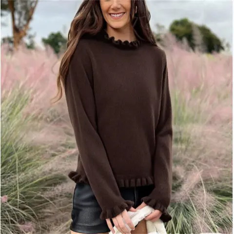 Autumn 2025 Women's Fashionable, Soft, Playful Layered Decorative Dark Brown Knit Sweater
