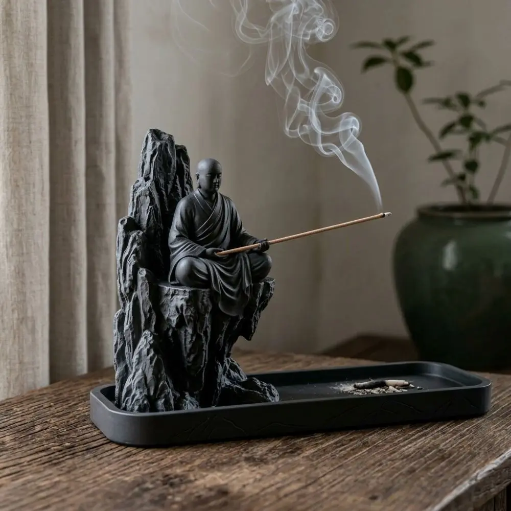 3D Printed Zen Monk Stick Incense Holder Chinese Style Mountain Cliff Monk Figurine Censer Simulated Plastic