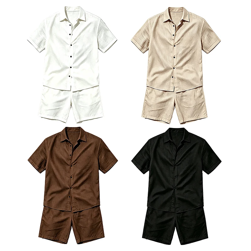 Men Linen Two Piece Outfit Short Sleeve Lapel Button Shirt Elastic Drawstring Shorts Summer Daily Seaside Vacation Casual Set view 6